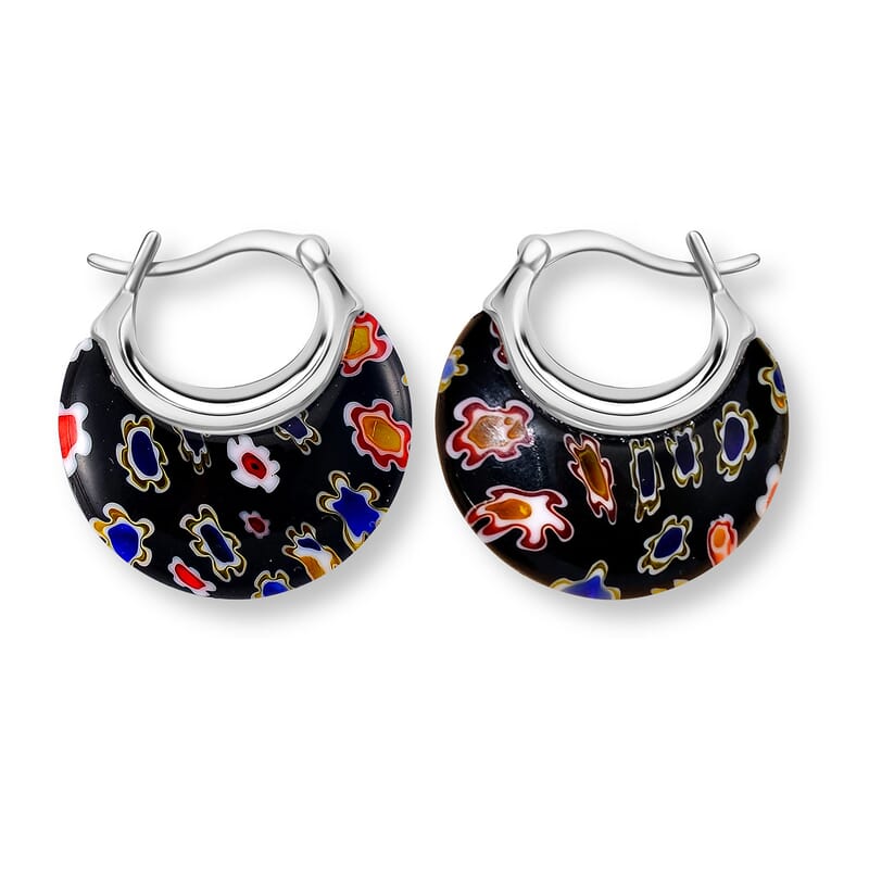 Black Murano Style Crescent Moon Earrings in Stainless Steel with Lifetime Guarantee