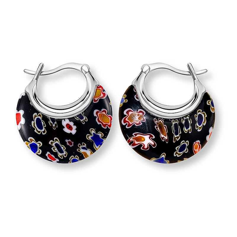 Black Murano Style Crescent Moon Earrings in Stainless Steel with Lifetime Guarantee