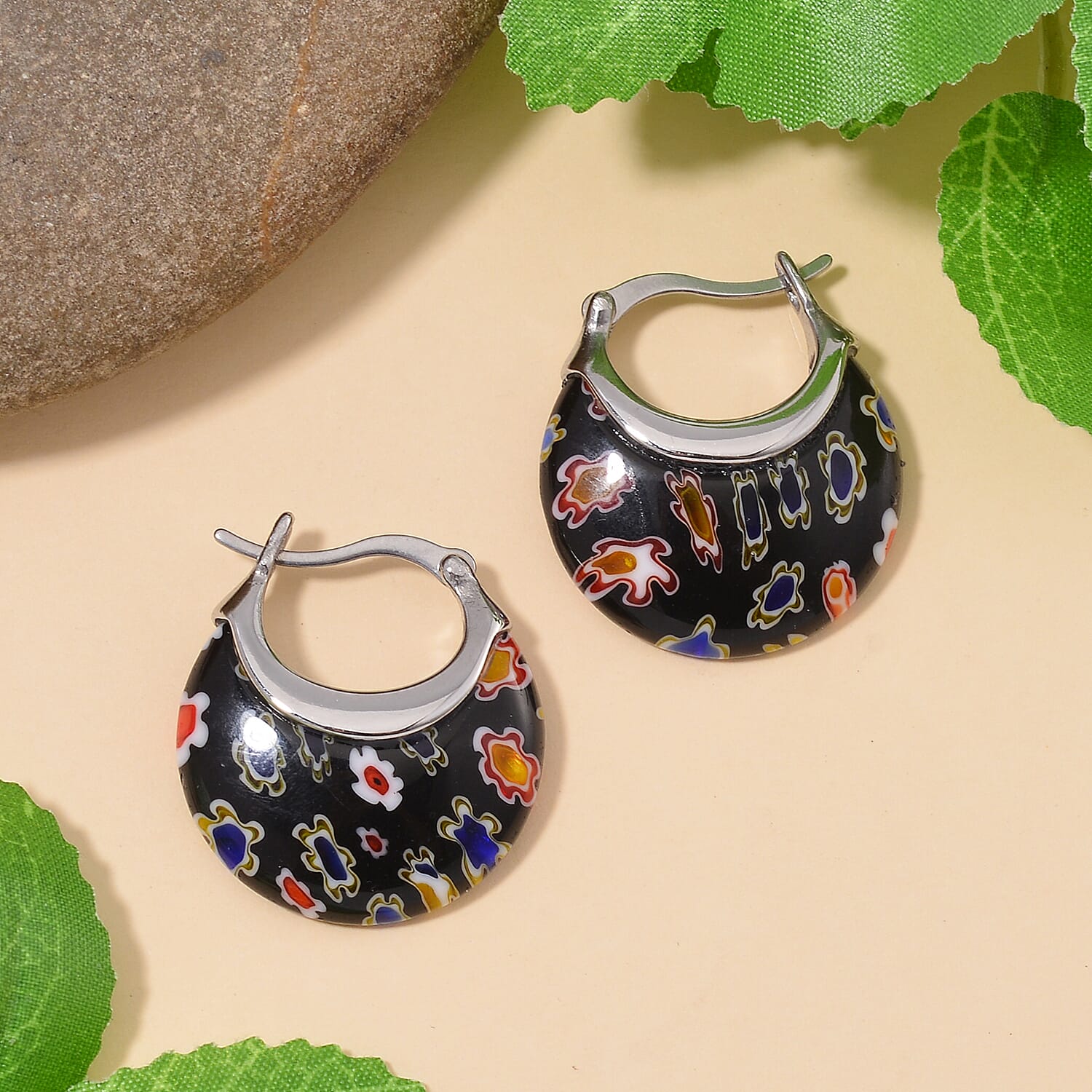 Blue Murano Style Crescent Moon Shape Earrings in Stainless Steel