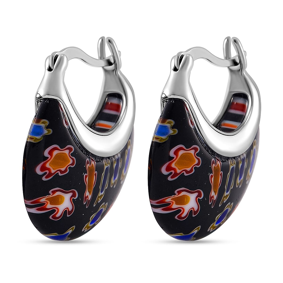Black Murano Style Crescent Moon Earrings in Stainless Steel with Lifetime Guarantee