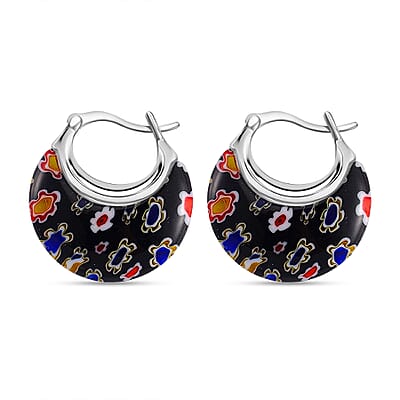 Black Murano Style Crescent Moon Earrings in Stainless Steel with Lifetime Guarantee