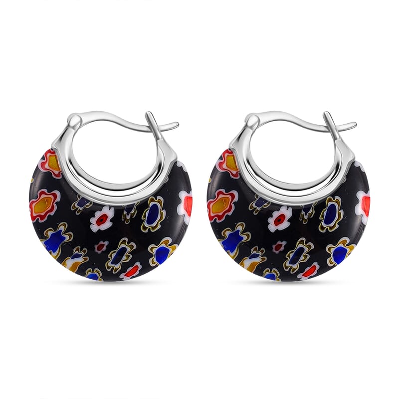 Black Murano Style Crescent Moon Earrings in Stainless Steel with Lifetime Guarantee