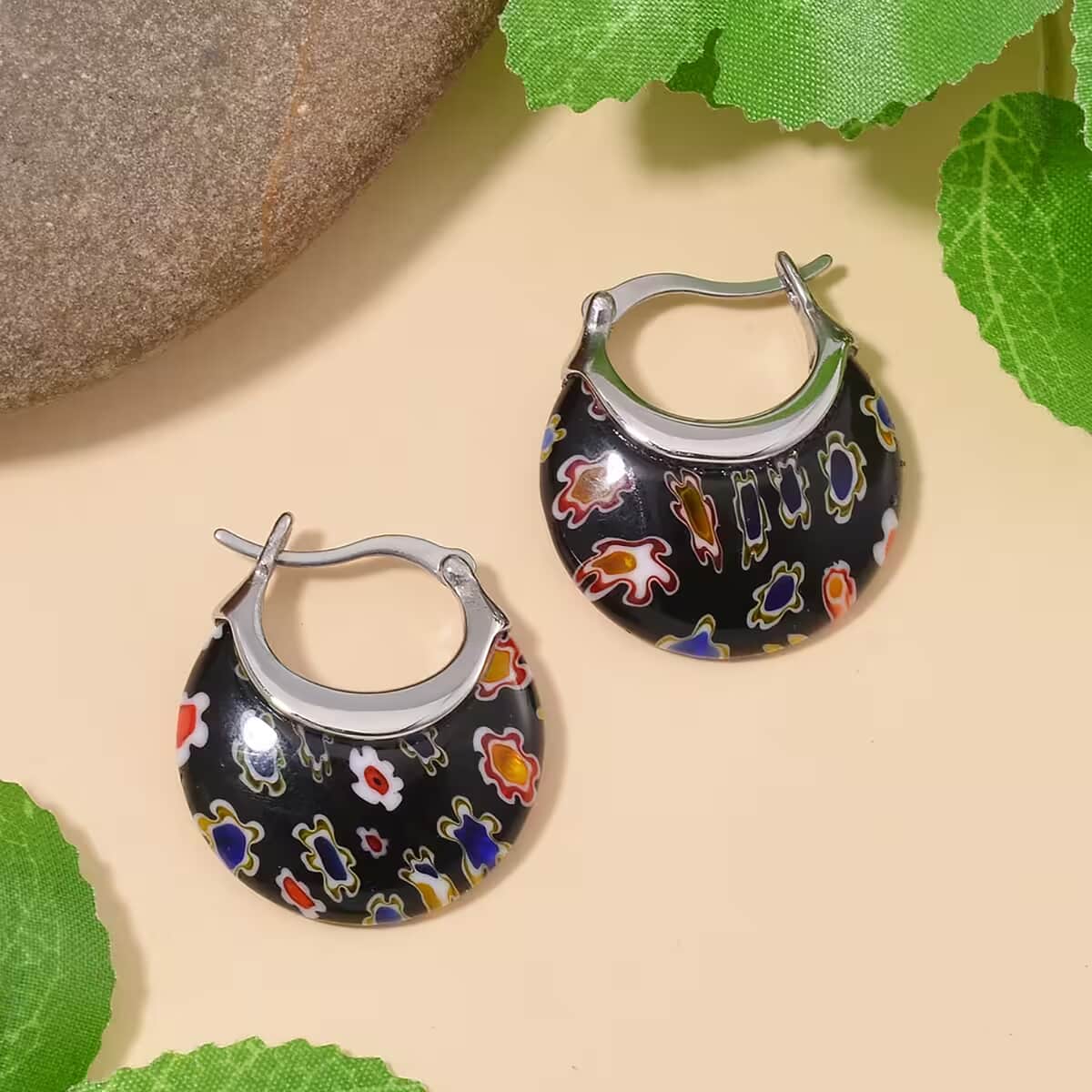 Black Murano Style Basket Earrings in Stainless Steel image number 7