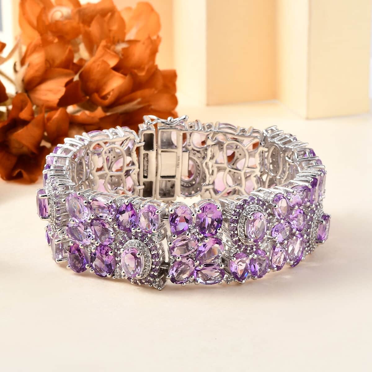 Moroccan Rose and Multi Gemstone 59.70 ctw Carpet of Flowers Bracelet in Rhodium Over Sterling Silver (7.50 In) image number 1