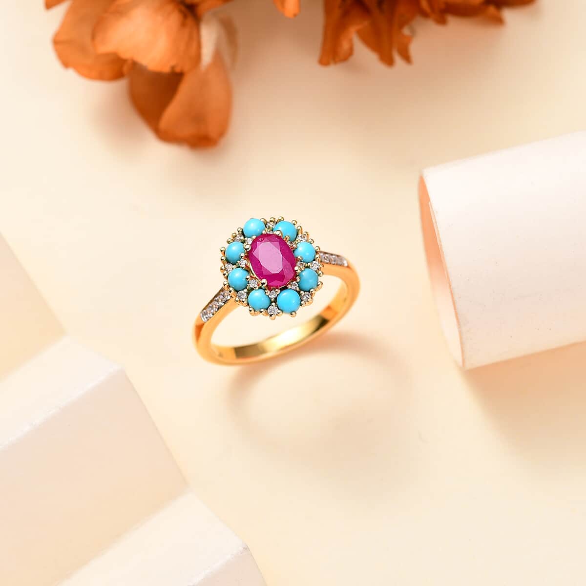 Premium Royal Ruby and Multi Gemstone 2.00 ctw Sunset Bloom Ring in 18K Vermeil Yellow Gold Over Sterling Silver (Size 10.0) image number 1