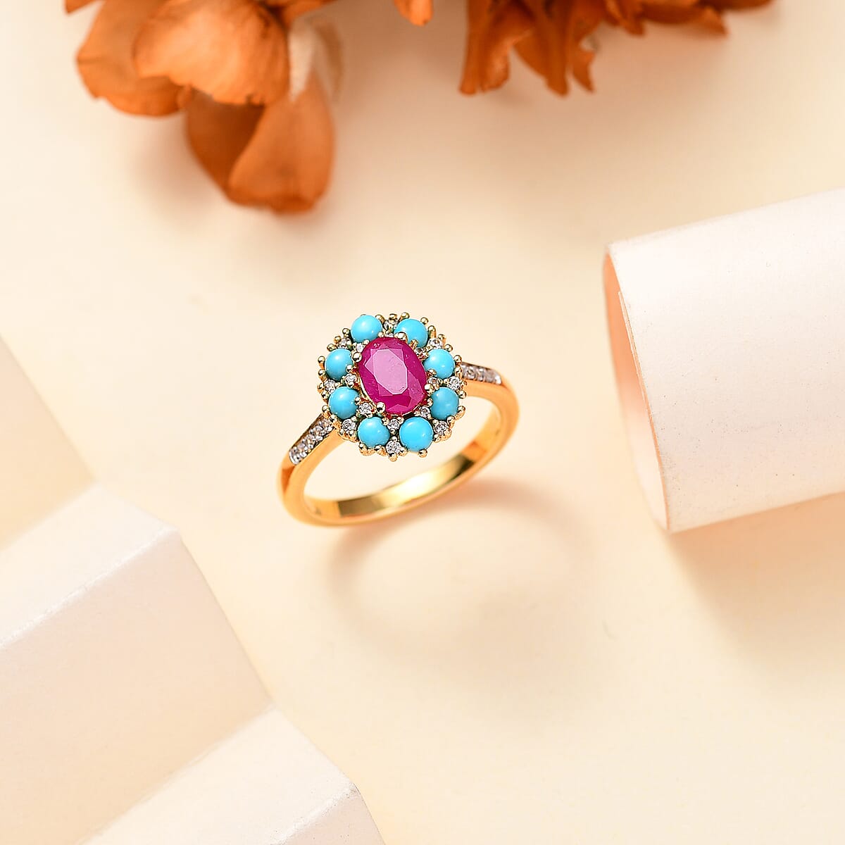 D'Joy Premium Royal Ruby and Multi Gemstone 2.00 ctw Sunset Bloom Ring in 18K Vermeil Yellow Gold Over Sterling Silver (Size 6.0) image number 1