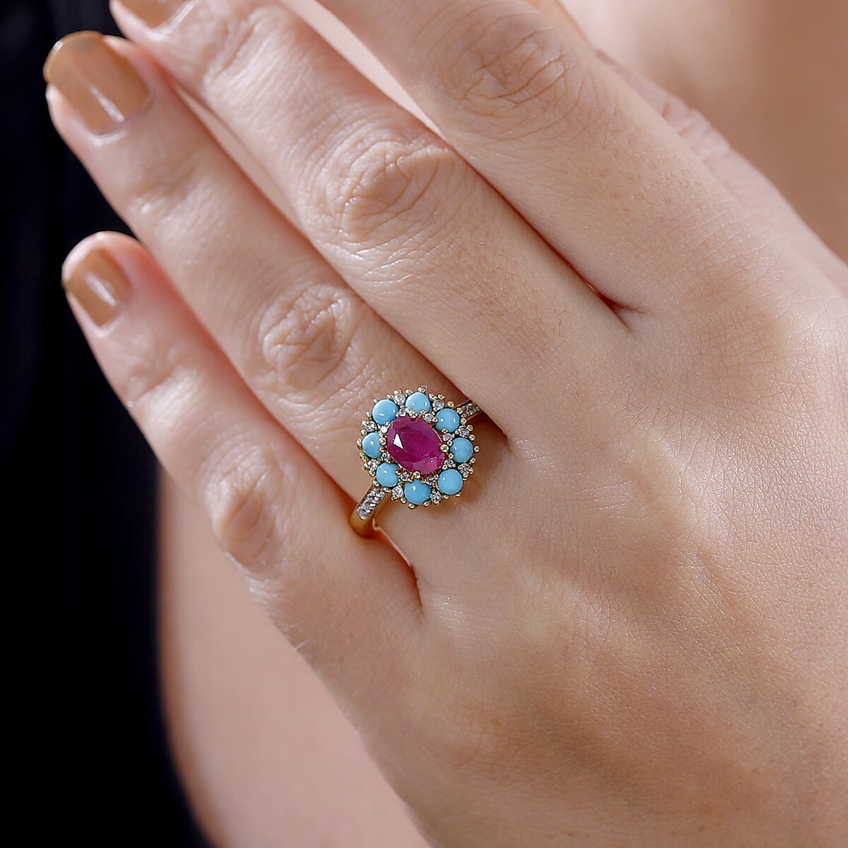 D'Joy Premium Royal Ruby and Multi Gemstone 2.00 ctw Sunset Bloom Ring in 18K Vermeil Yellow Gold Over Sterling Silver (Size 6.0) image number 2