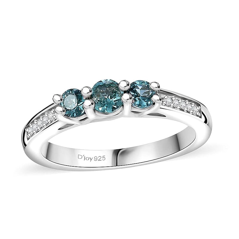 Pirineu Lagoon Tourmaline and Moissanite 0.60 ctw Trinity Ring in Rhodium Over Sterling Silver (Size 6.0)