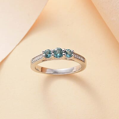 Pirineu Lagoon Tourmaline and Moissanite 0.60 ctw Trinity Ring in Rhodium Over Sterling Silver (Size 6.0)