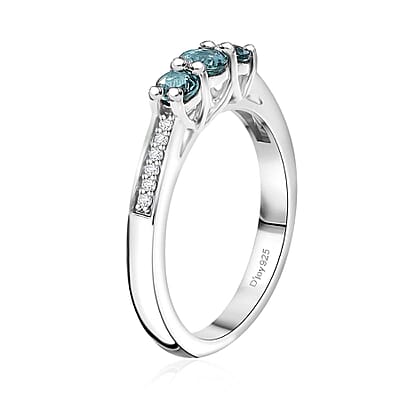 Pirineu Lagoon Tourmaline and Moissanite 0.60 ctw Trinity Ring in Rhodium Over Sterling Silver (Size 6.0)