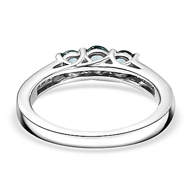 Pirineu Lagoon Tourmaline and Moissanite 0.60 ctw Trinity Ring in Rhodium Over Sterling Silver (Size 6.0)