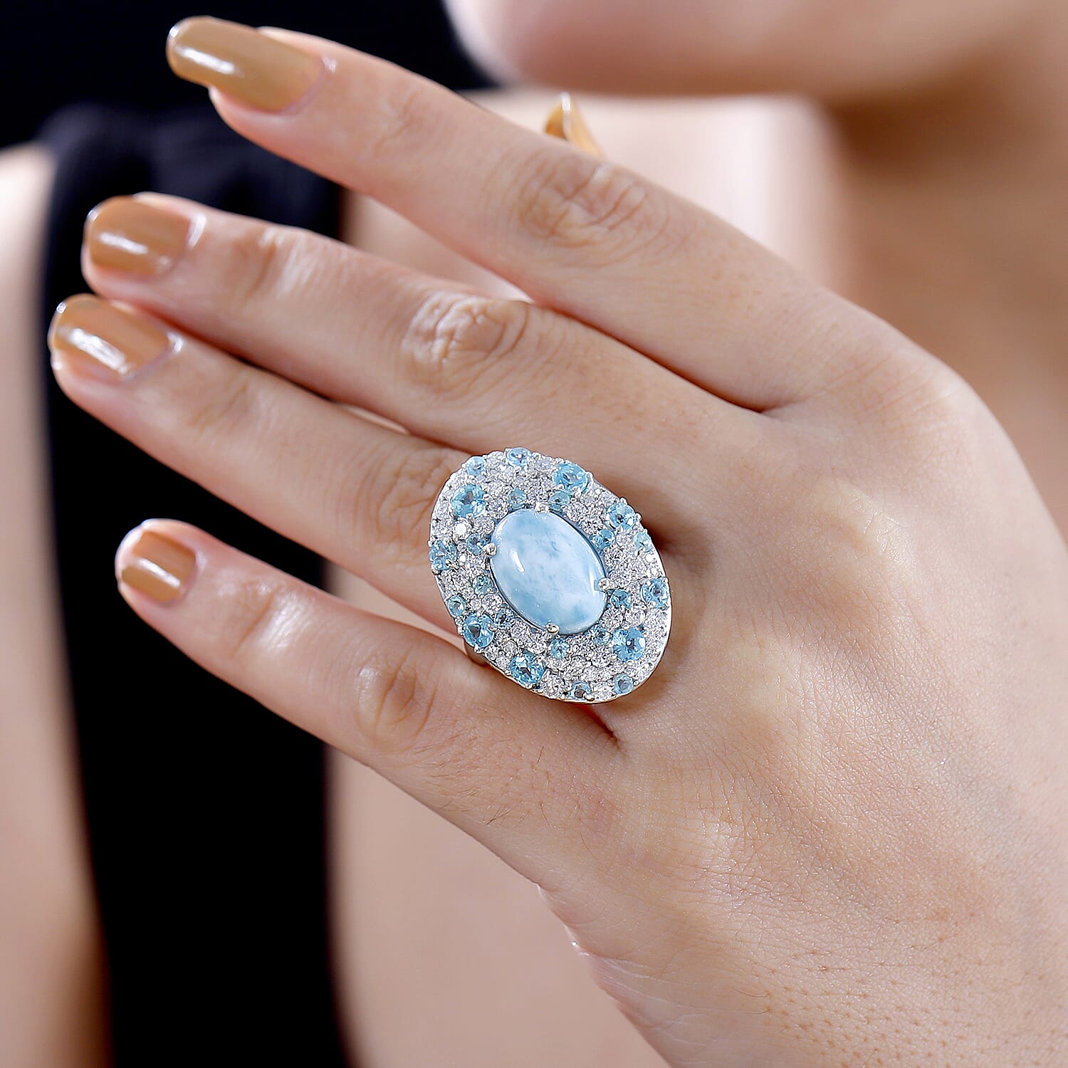 D'Joy Larimar and Multi Gemstone 10.00 ctw Ocean Bubbles Ring in Rhodium Over Sterling Silver (Size 10.0)