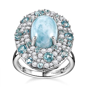 D'Joy Larimar and Multi Gemstone 10.00 ctw Ocean Bubbles Ring in Rhodium Over Sterling Silver (Size 6.0)