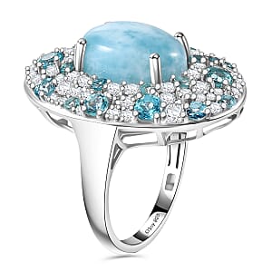D'Joy Larimar and Multi Gemstone 10.00 ctw Ocean Bubbles Ring in Rhodium Over Sterling Silver (Size 6.0)