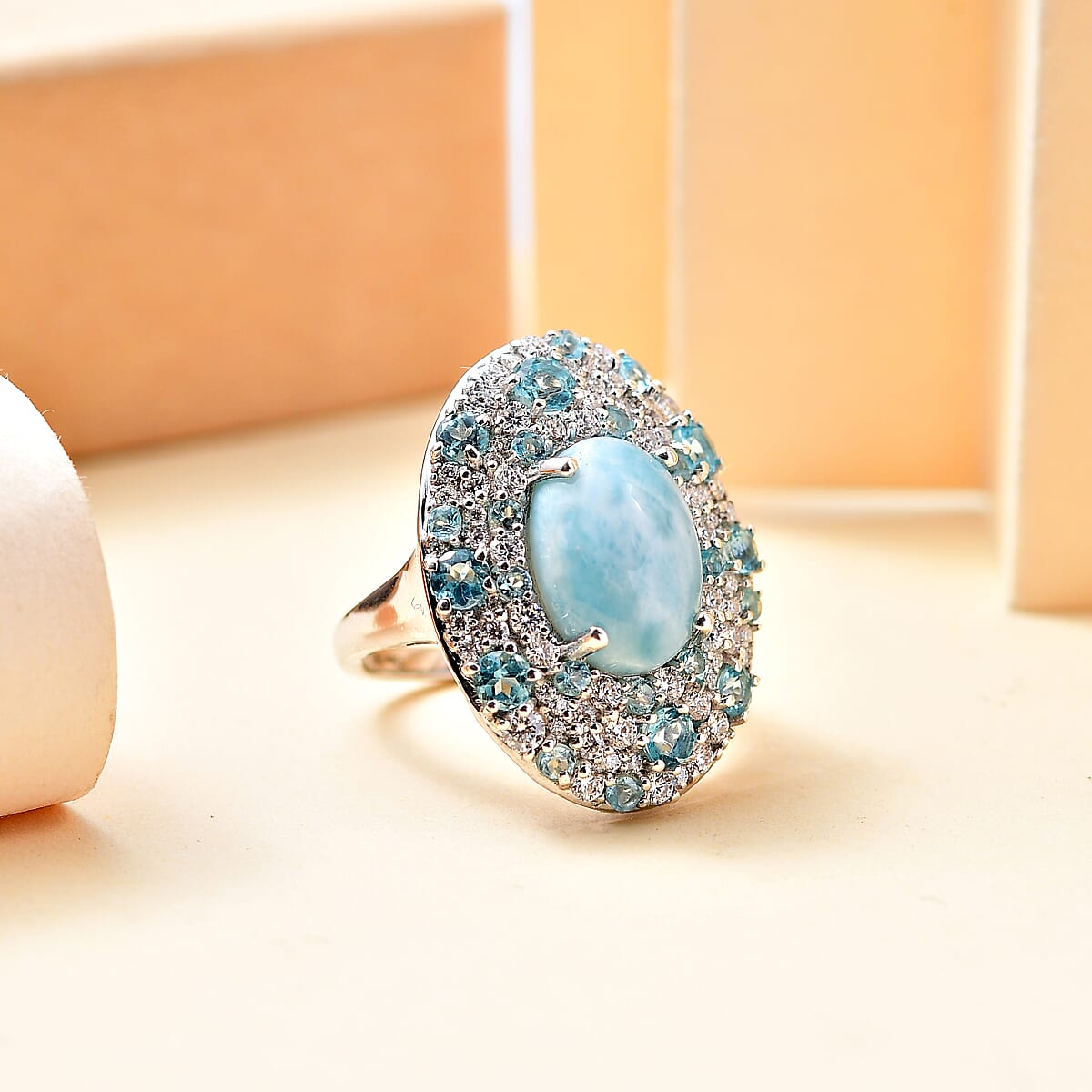 D'Joy Larimar and Multi Gemstone 10.00 ctw Ocean Bubbles Ring in Rhodium Over Sterling Silver (Size 8.0) image number 1