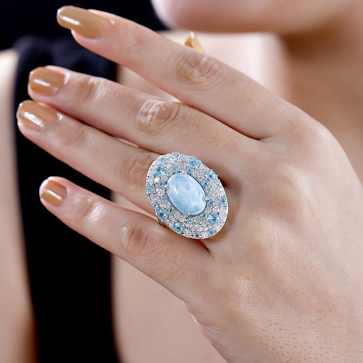 Larimar and Multi Gemstone 10.00 ctw Ocean Bubbles Ring in Rhodium Over Sterling Silver (Size 9.0) image number 2