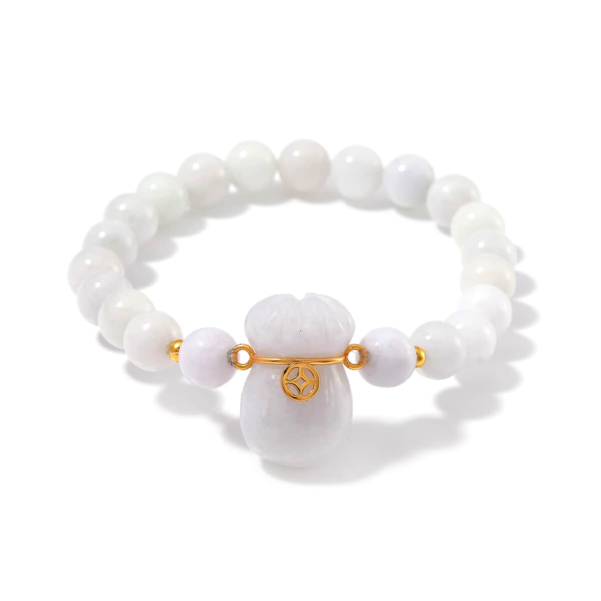 Natural Jade 130.00 ctw Carved and Beaded Stretch Bracelet with Money Lucky Bag Charm in 14K YG Over Sterling Silver image number 0