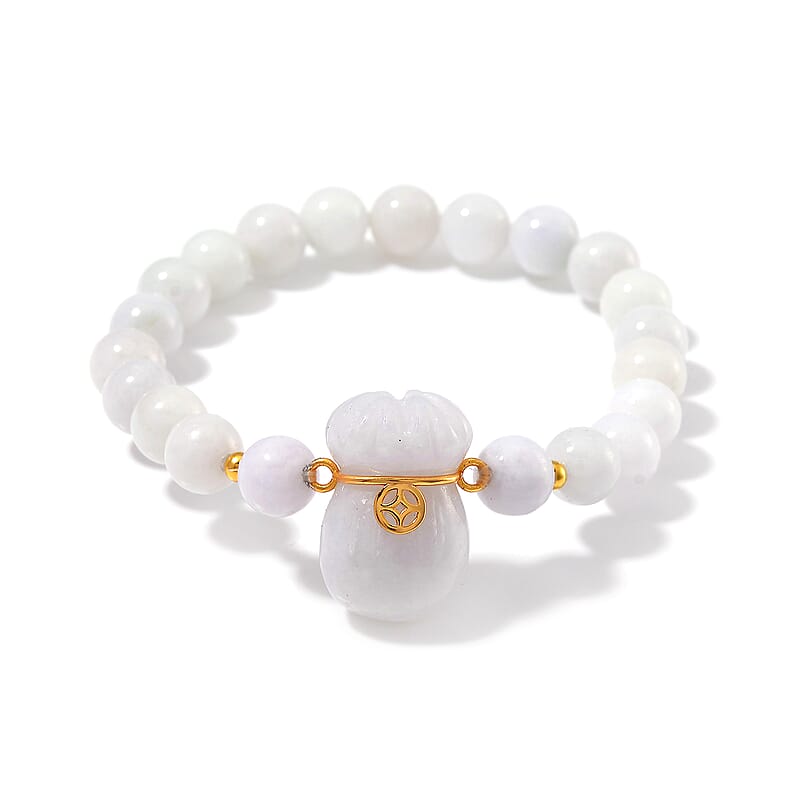 Natural Jade 130.00 ctw Carved and Beaded Stretch Bracelet with Money Lucky Bag Charm in 14K YG Over Sterling Silver