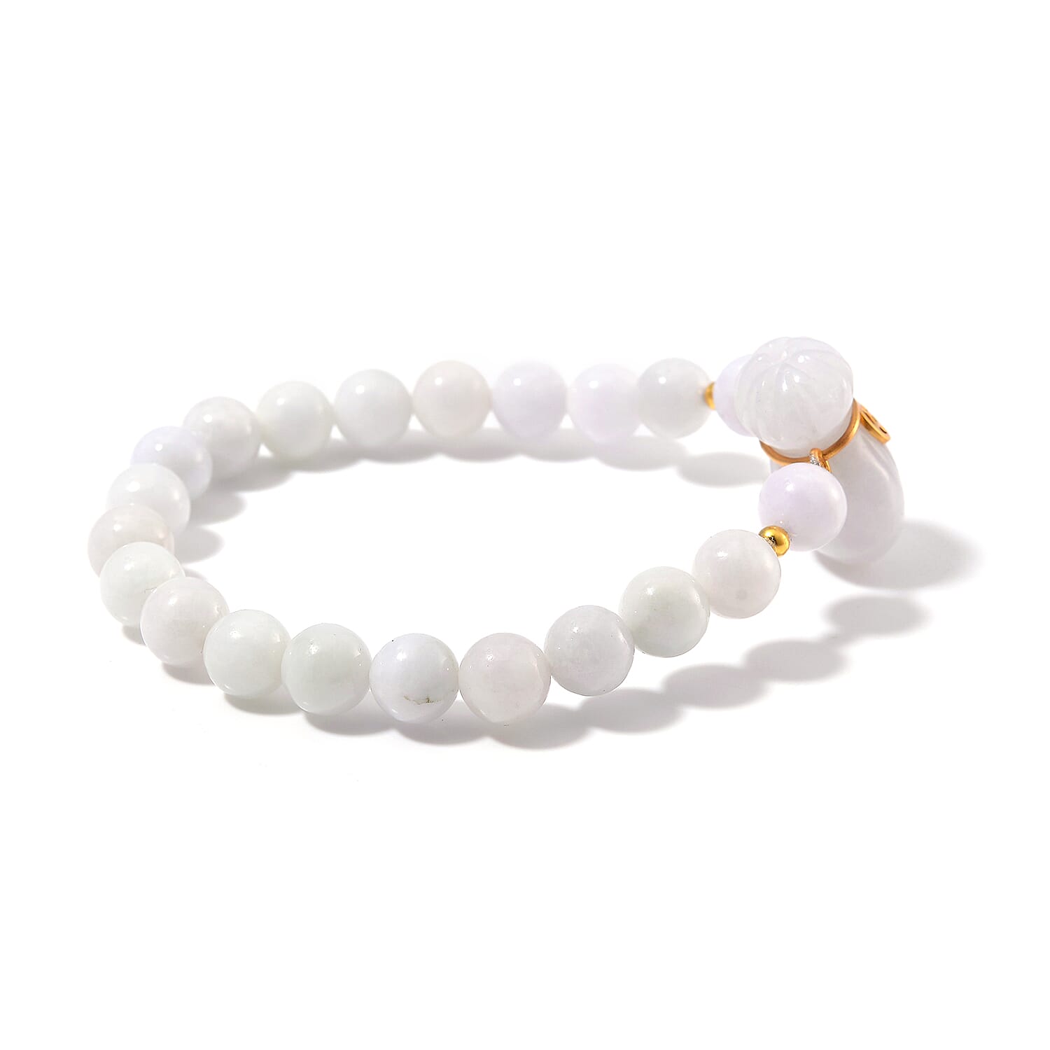 Natural Jade 130.00 ctw Carved and Beaded Stretch Bracelet with Money Lucky Bag Charm in 14K YG Over Sterling Silver