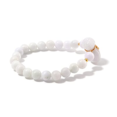 Natural Jade 130.00 ctw Carved and Beaded Stretch Bracelet with Money Lucky Bag Charm in 14K YG Over Sterling Silver