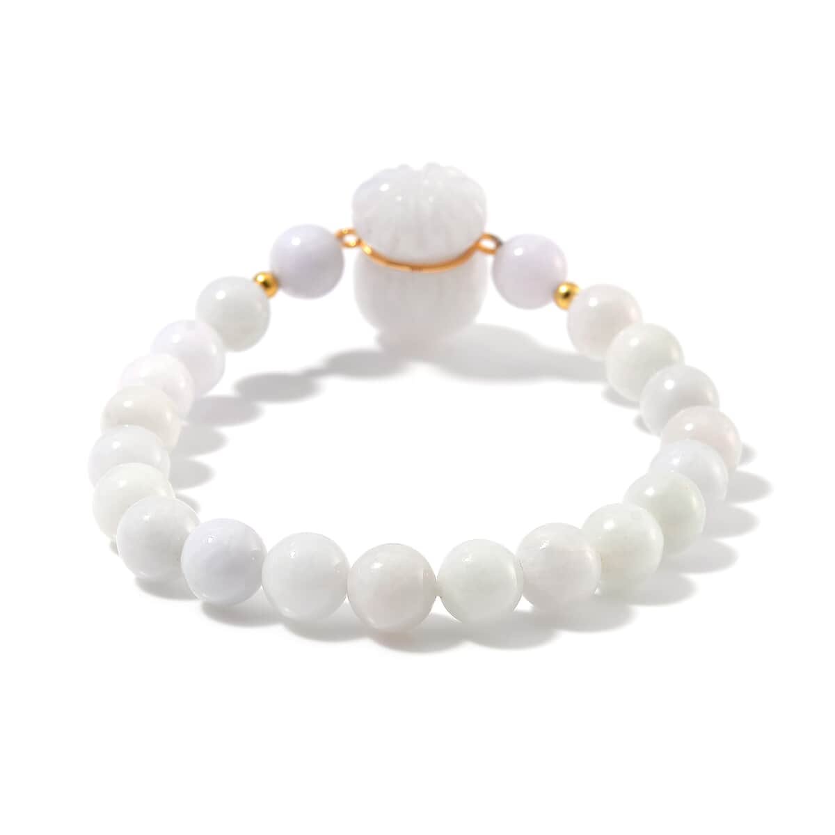 Natural Jade 130.00 ctw Carved and Beaded Stretch Bracelet with Money Lucky Bag Charm in 14K YG Over Sterling Silver image number 3