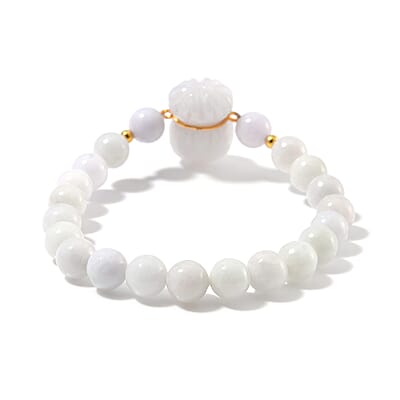 Natural Jade 130.00 ctw Carved and Beaded Stretch Bracelet with Money Lucky Bag Charm in 14K YG Over Sterling Silver