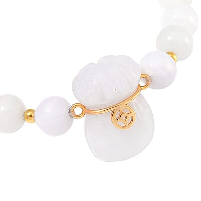 Natural Jade 130.00 ctw Carved and Beaded Stretch Bracelet with Money Lucky Bag Charm in 14K YG Over Sterling Silver
