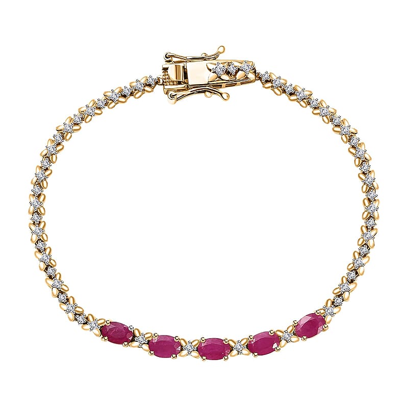 Premium Royal Ruby and White Zircon 4.15 ctw Clematis Floral Bracelet in 18K Vermeil Yellow Gold Over Sterling Silver (7.25 In)