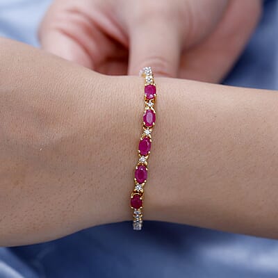Premium Royal Ruby and White Zircon 4.15 ctw Clematis Floral Bracelet in 18K Vermeil Yellow Gold Over Sterling Silver (7.25 In)