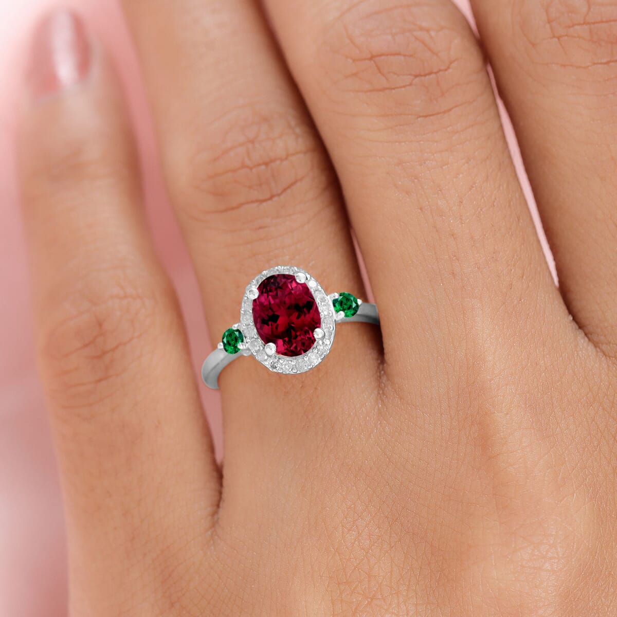 Rhapsody AAAA Ouro Fino Rubellite, Boyaca Colombian Emerald and E-F VS2 Diamond 1.65 ctw Ring in 950 Platinum (Size 10.0) 5.30 Grams image number 1