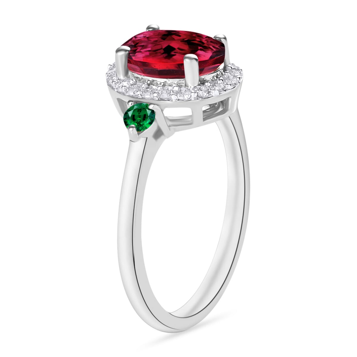 Rhapsody AAAA Ouro Fino Rubellite, Boyaca Colombian Emerald and E-F VS2 Diamond 1.65 ctw Ring in 950 Platinum (Size 10.0) 5.30 Grams image number 2