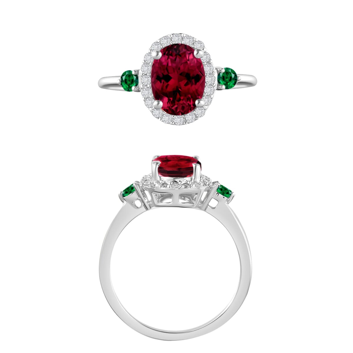 Rhapsody AAAA Ouro Fino Rubellite, Boyaca Colombian Emerald and E-F VS2 Diamond 1.65 ctw Ring in 950 Platinum (Size 10.0) 5.30 Grams image number 3