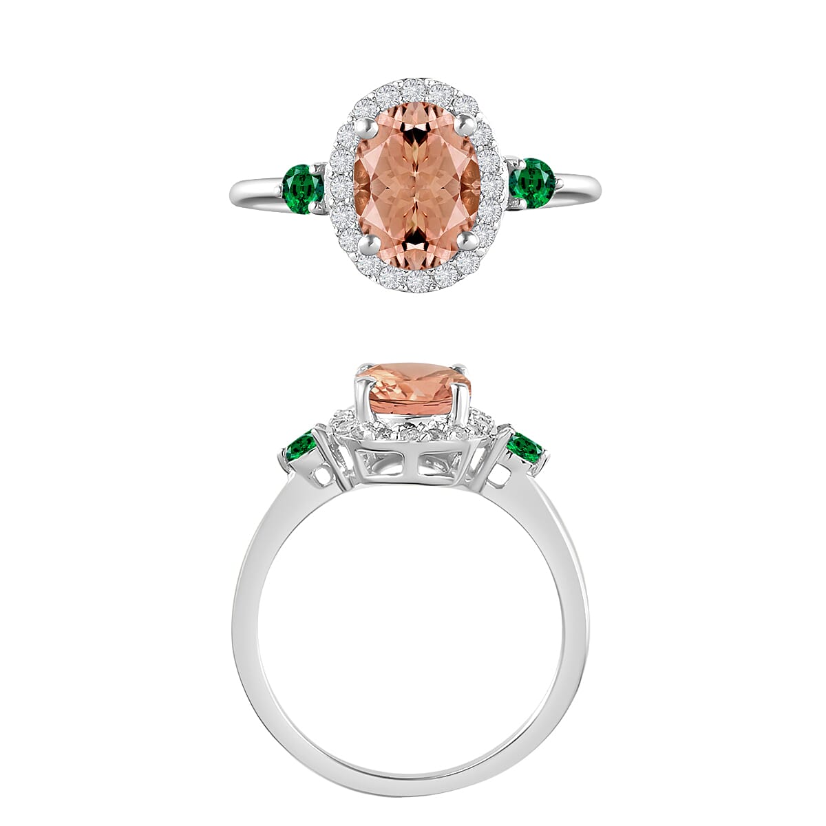 Rhapsody AAAA Pink Morganite, Boyaca Colombian Emerald and E-F VS2 Diamond 1.75 ctw Ring in 950 Platinum (Size 10.0) 5.30 Grams image number 3