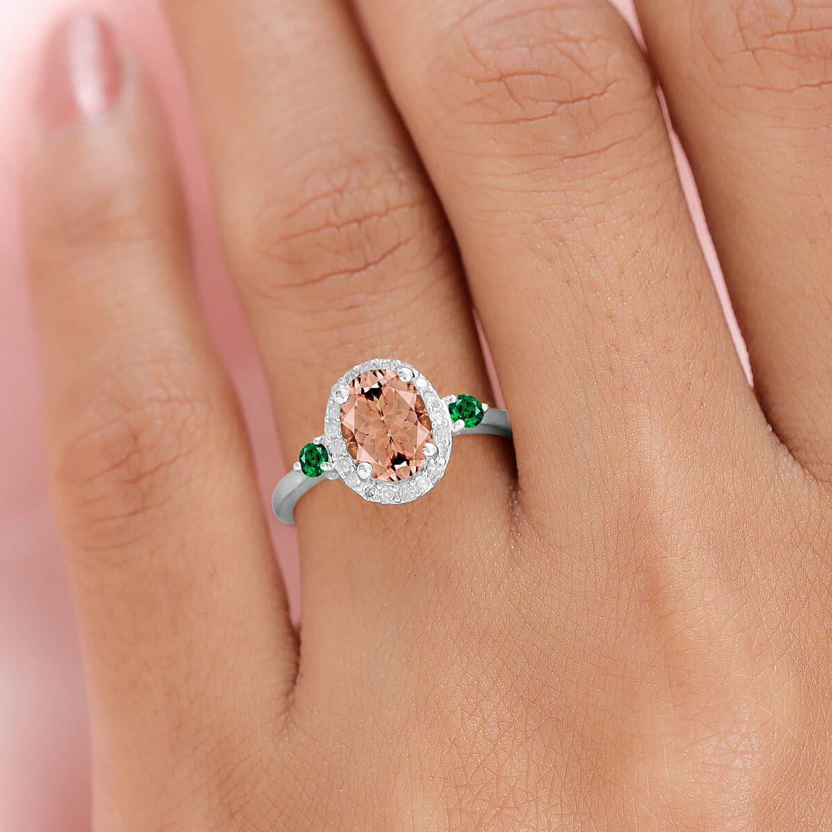 Rhapsody AAAA Pink Morganite, Boyaca Colombian Emerald and E-F VS2 Diamond 1.75 ctw Ring in 950 Platinum (Size 9.5) 5.30 Grams image number 1