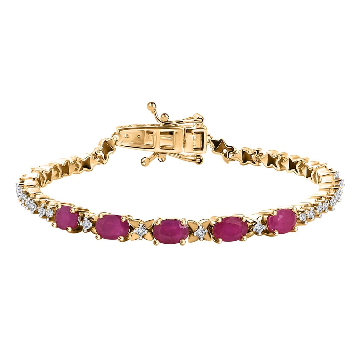 Premium Royal Ruby and White Zircon 4.00 ctw Clematis Floral Bracelet in 18K Vermeil Yellow Gold Over Sterling Silver (6.50 In) image number 0