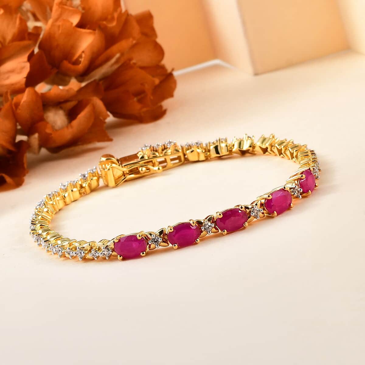 Premium Royal Ruby and White Zircon 4.00 ctw Clematis Floral Bracelet in 18K Vermeil Yellow Gold Over Sterling Silver (6.50 In) image number 1