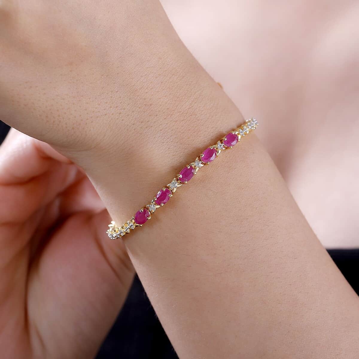 Premium Royal Ruby and White Zircon 4.00 ctw Clematis Floral Bracelet in 18K Vermeil Yellow Gold Over Sterling Silver (6.50 In) image number 2