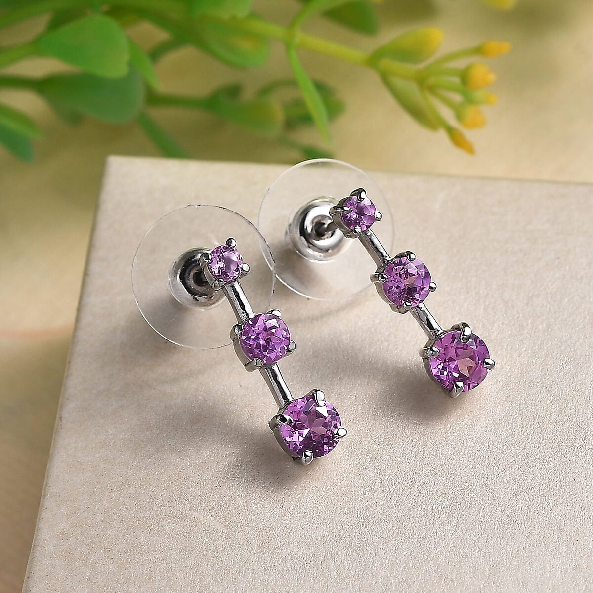 Lab Created Pink Sapphire 2.25 ctw Earrings in Stainless Steel  image number 1