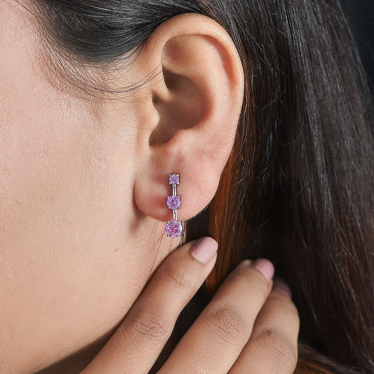 Lab Created Pink Sapphire 2.25 ctw Earrings in Stainless Steel  image number 2
