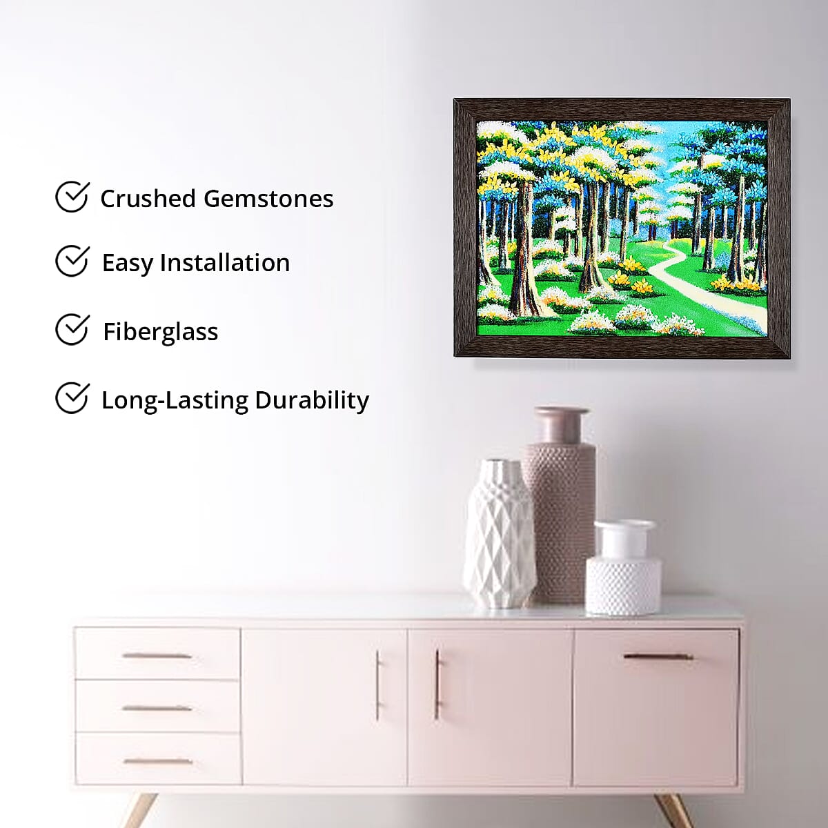 Multi Color Forest Scene with a Winding Path Running Gemstone Wall Art Hand Painting image number 2