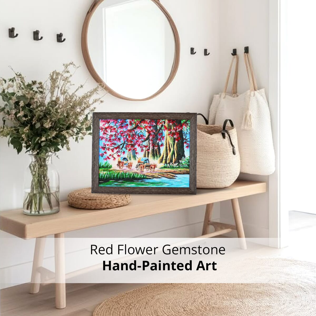 Multi Color Oxen-pulled Carts Traveling Gemstone Wall Art Hand Painting image number 4