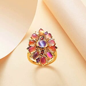 Flamingo Moonstone and Multi Gemstone 7.55 ctw Cluster Ring in Vermeil Yellow Gold Over Sterling Silver (Size 10)