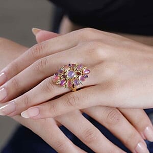 Flamingo Moonstone and Multi Gemstone 7.55 ctw Cluster Ring in Vermeil Yellow Gold Over Sterling Silver (Size 10)