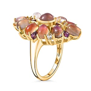 Flamingo Moonstone and Multi Gemstone 7.55 ctw Cluster Ring in Vermeil Yellow Gold Over Sterling Silver (Size 10)