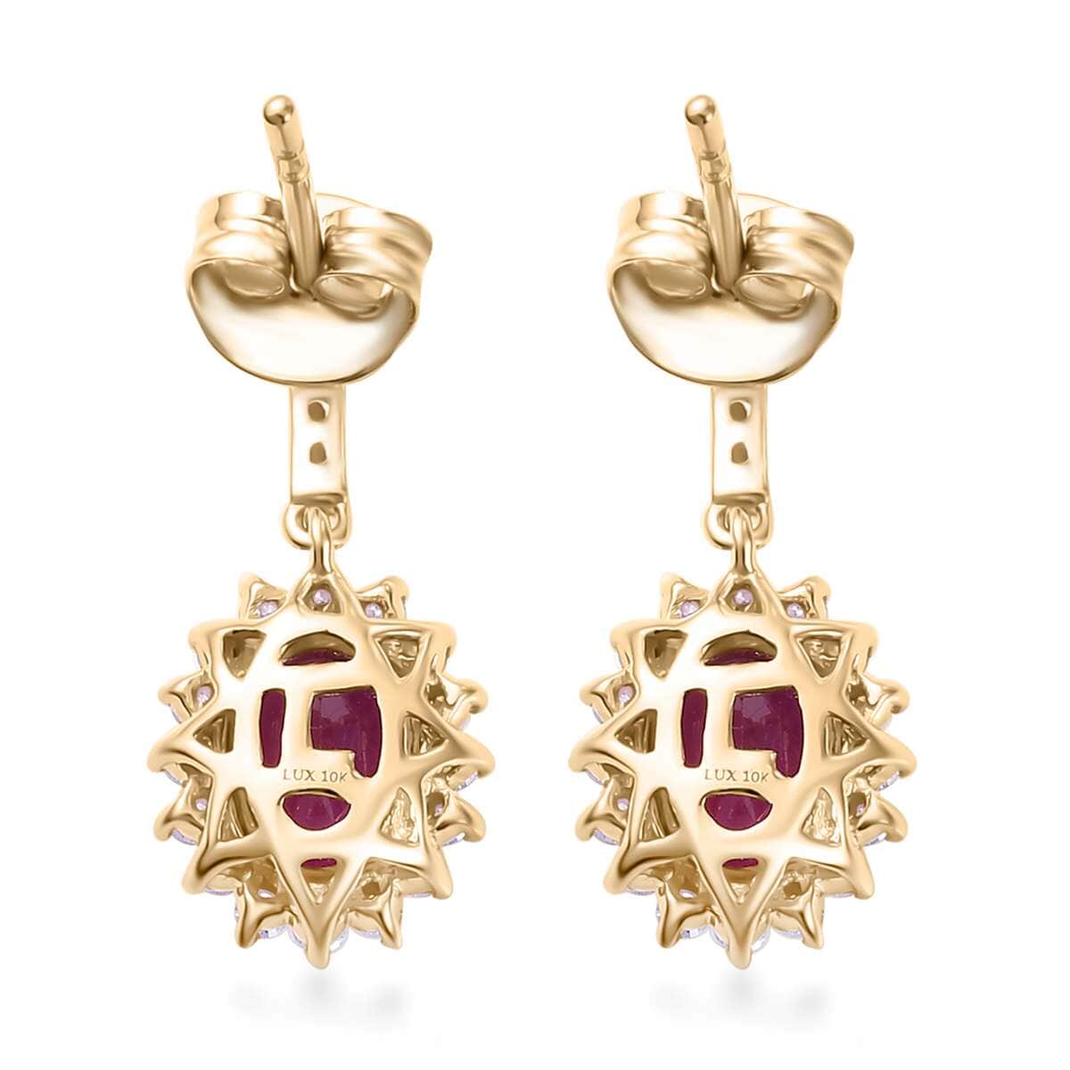 Certified & Appraised Luxoro AAA Royal Ruby and G-H I2 Diamond 2.60 ctw Sunburst Earrings in 10K Yellow Gold image number 3