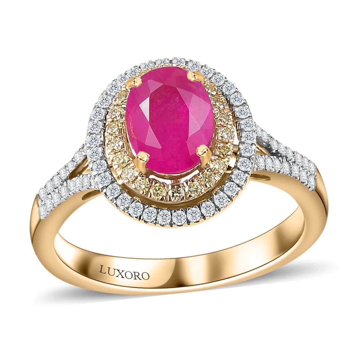 Certified & Appraised Luxoro AAA Royal Ruby, I2 Yellow and White Diamond 2.12 ctw Ring in 10K Yellow Gold 4.50 Grams image number 0