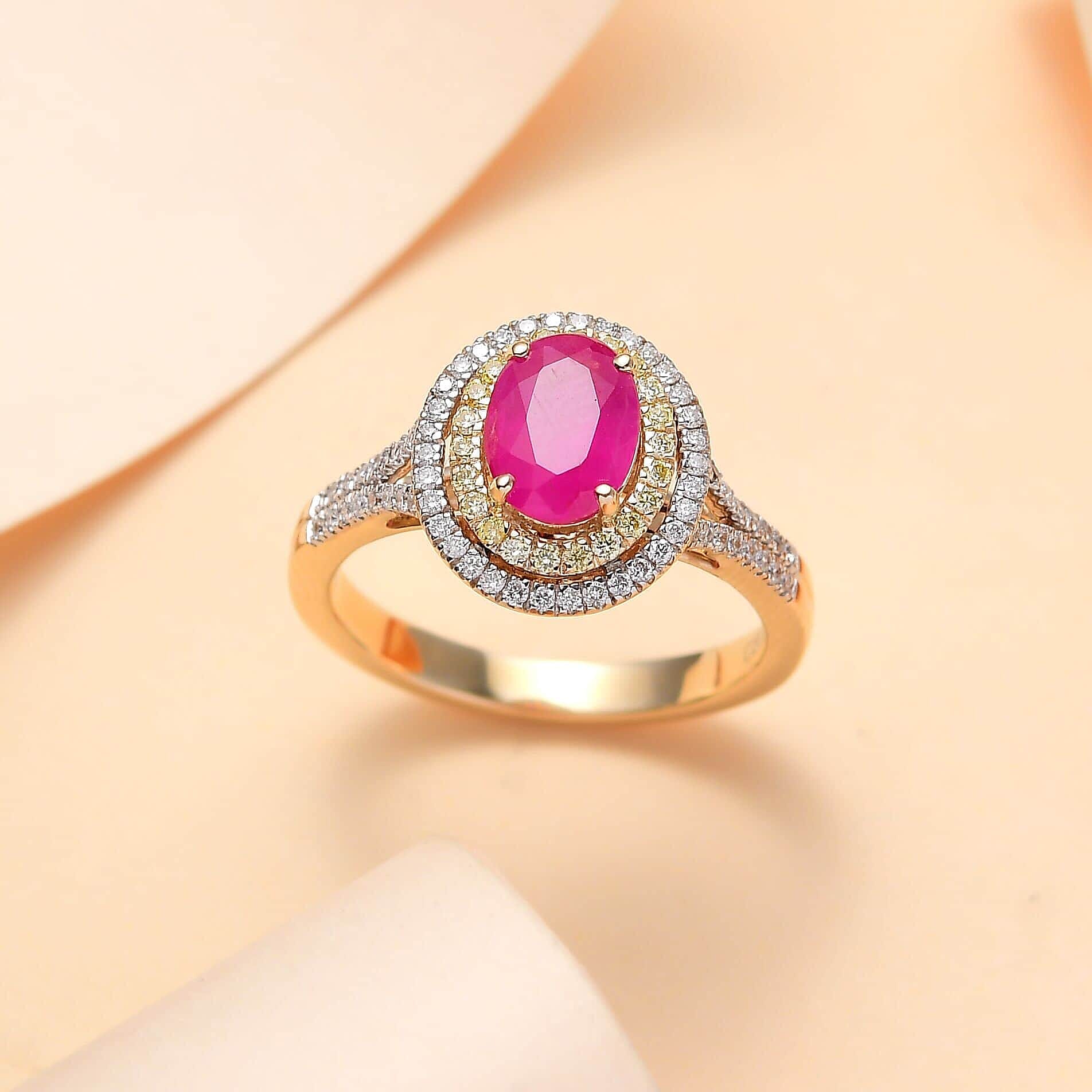 Certified & Appraised Luxoro AAA Royal Ruby, I2 Yellow and White Diamond 2.12 ctw Ring in 10K Yellow Gold (Size 10.0) 4.50 Grams