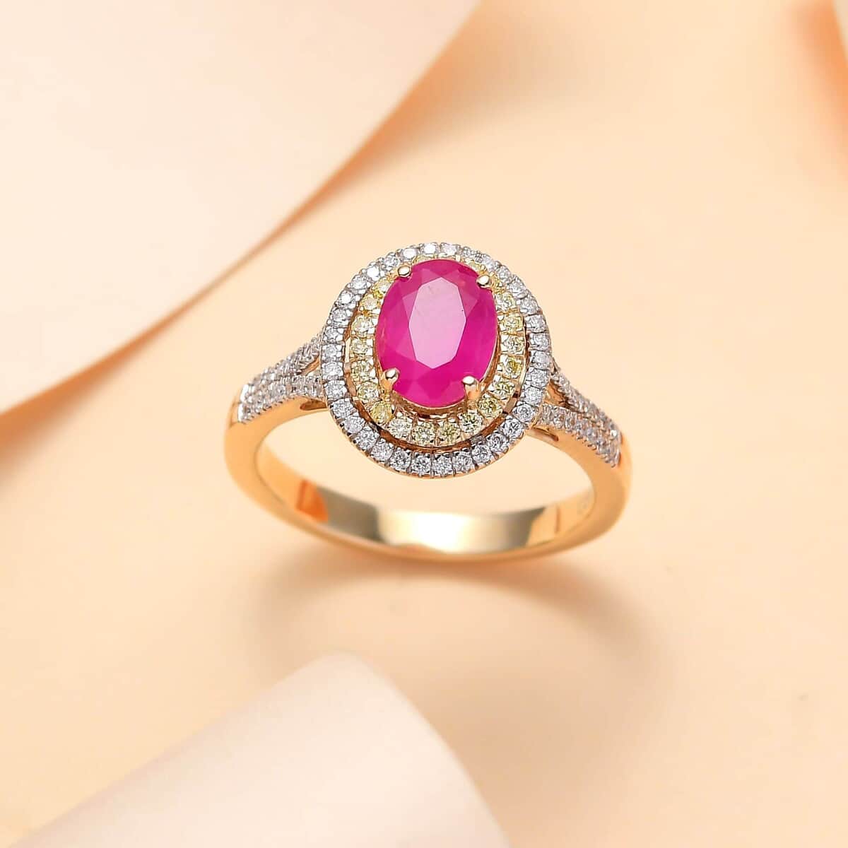 Certified & Appraised Luxoro AAA Royal Ruby, I2 Yellow and White Diamond 2.12 ctw Ring in 10K Yellow Gold 4.50 Grams image number 1