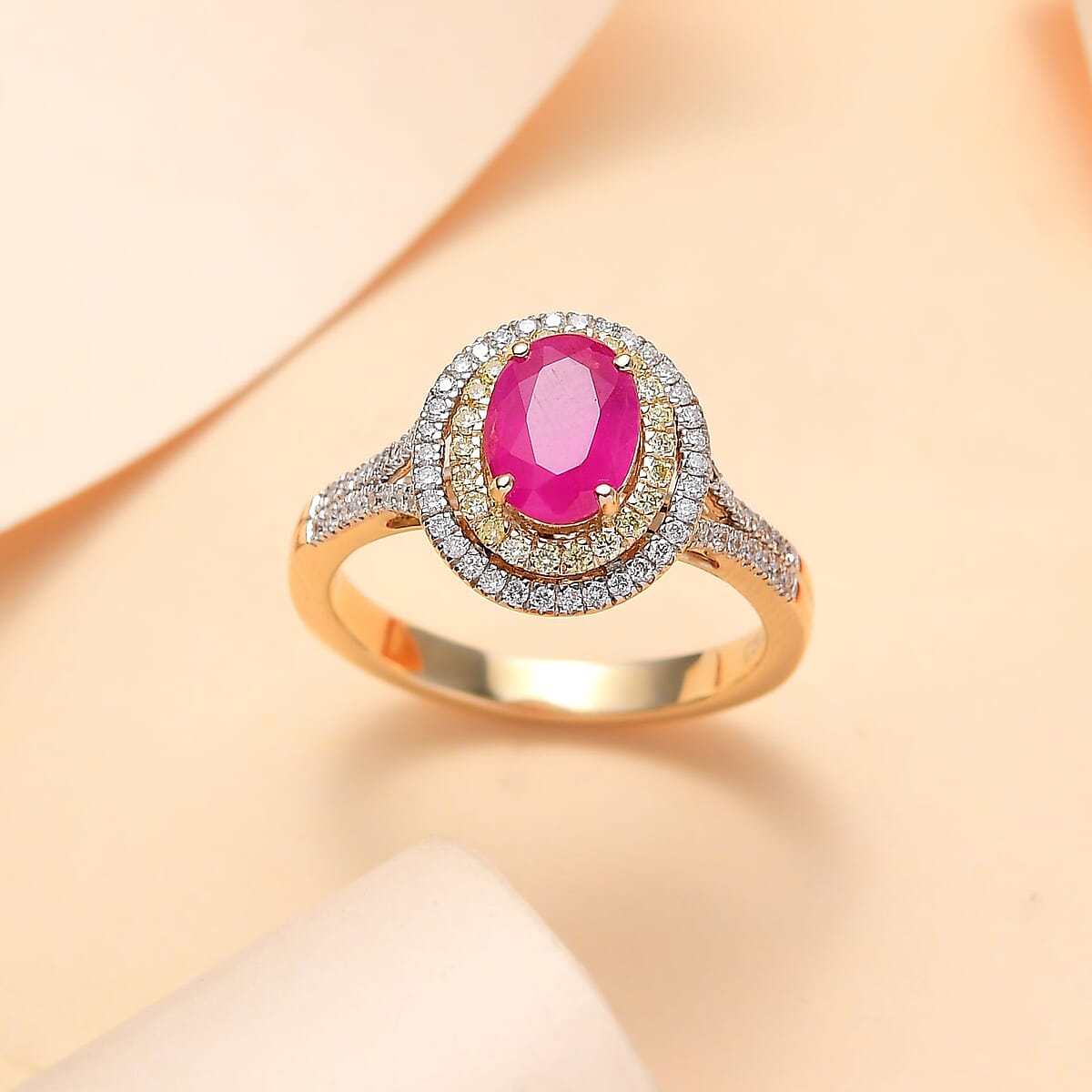 Certified & Appraised Luxoro AAA Royal Ruby, I2 Yellow and White Diamond 2.12 ctw Ring in 10K Yellow Gold (Size 8.0) 4.50 Grams image number 1