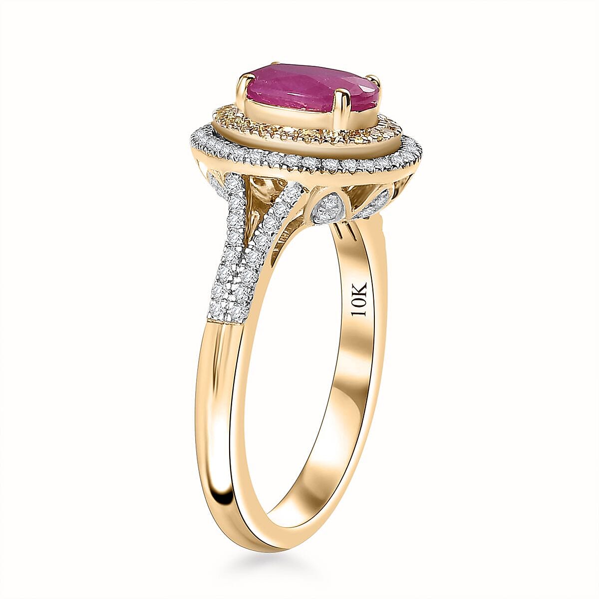 Certified & Appraised Luxoro AAA Royal Ruby, I2 Yellow and White Diamond 2.12 ctw Ring in 10K Yellow Gold (Size 8.0) 4.50 Grams image number 3